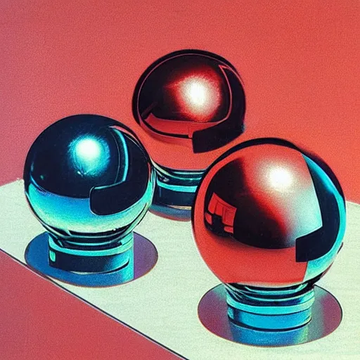 Prompt: chrome spheres on a red cube by syd mead