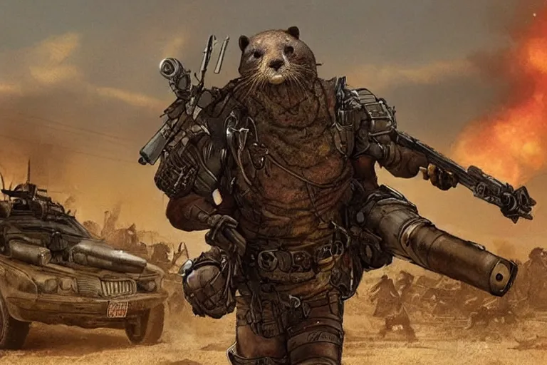 Image similar to a good ol'otter fursona ( from the furry fandom ), heavily armed and armored facing down armageddon in a dark and gritty version from the makers of mad max : fury road. witness me.