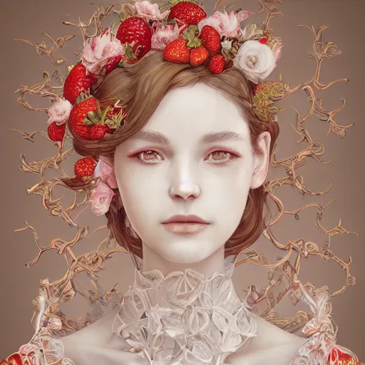 Image similar to the portrait of an absurdly beautiful, graceful, elegant, sophisticated, fashionable young woman made of strawberries and white petals with tears, an ultrafine hyperdetailed illustration by kim jung gi, irakli nadar, intricate linework, bright colors, octopath traveler, final fantasy, unreal engine 5 highly rendered, global illumination, radiant light, detailed and intricate environment