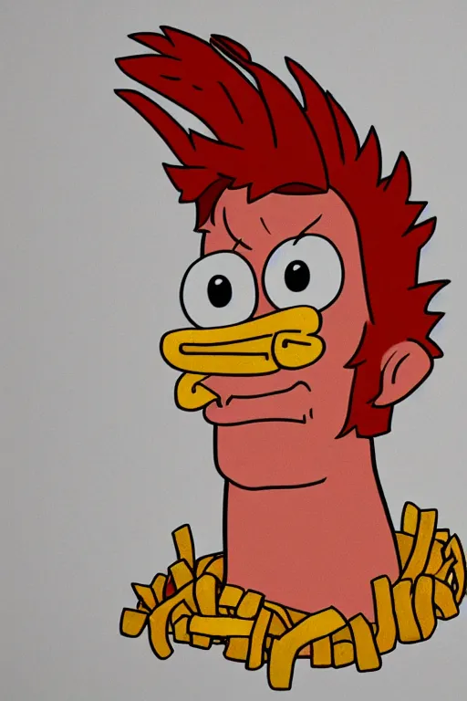 Image similar to fry from futurama made out of french fries, realistic, 4 k.