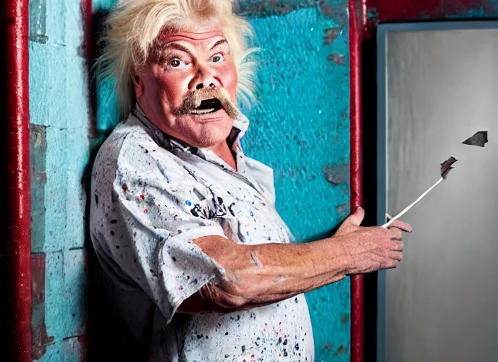 Prompt: photo still of rip taylor in a jail cell!!!!!!!! at age 6 3 years old 6 3 years of age!!!!!!! throwing confetti from a bucket, 8 k, 8 5 mm f 1. 8, studio lighting, rim light, right side key light