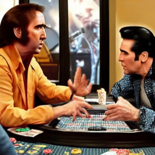 Image similar to nicolas cage as elvis presley playing the guitar over a poker table