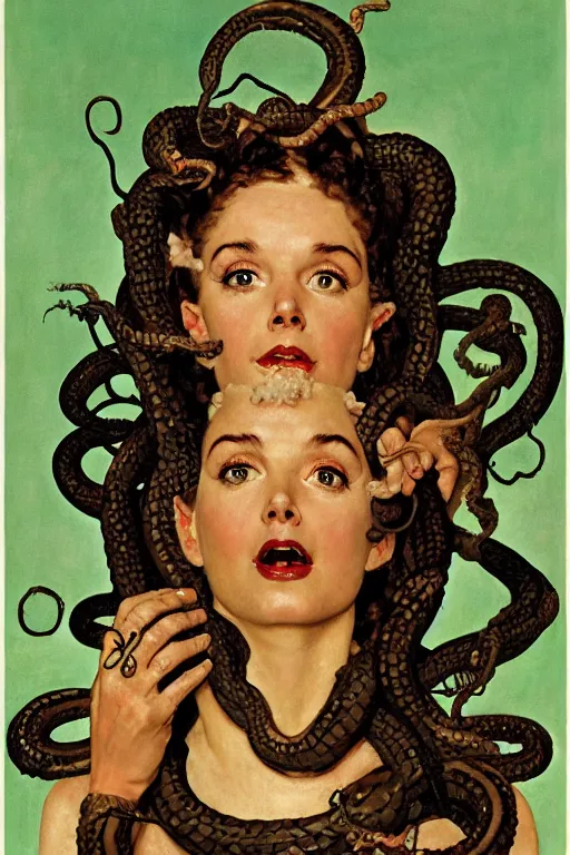 Prompt: head and shoulders portrait of fierce woman as medusa with snakes growing out of her head, norman rockwell, jacob collins, tom lovell, frank schoonover