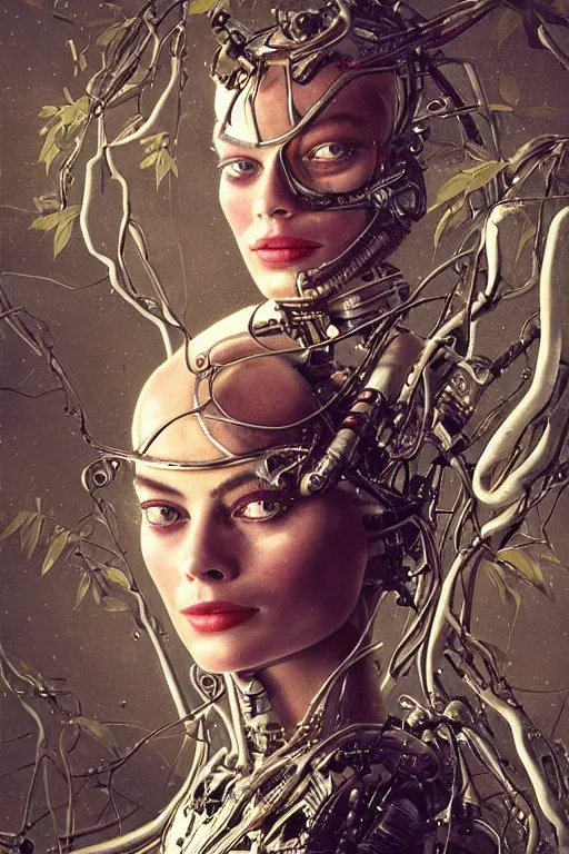 Image similar to a beautiful ultradetailed vintage photo of margot robbie as a cybernetic cyborg, by tom bagshaw and natalie shau, portrait, vignette, 3 5 mm lens, golden ratio composition, detailed faces, studio photography, very detailed, robot overgrown with flowery vines, artstation, 8 k, highly coherent