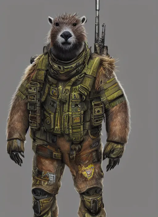 Prompt: detailed full body concept art illustration oil painting of an anthropomorphic capybara military in full intricate clothing, biomutant, dystopian, ultra detailed, digital art, octane render