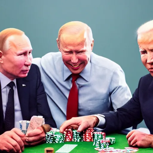 Image similar to UHD candid color photo of Putin, Klaus Schwab, and Biden playing poker, accurate faces, UHD, photorealistic, correct face, photo by Annie Leibowitz