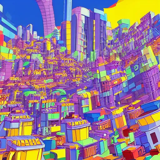 Prompt: futuristic city on a mountainside, red - yellow - blue buildings, city, q - bert blocks, colorful blocks on hillside, 3 d blocks, cel - shaded, raytracing, cel - shading, toon - shading, 2 0 0 1 anime, flcl, jet set radio future, drawn by artgerm