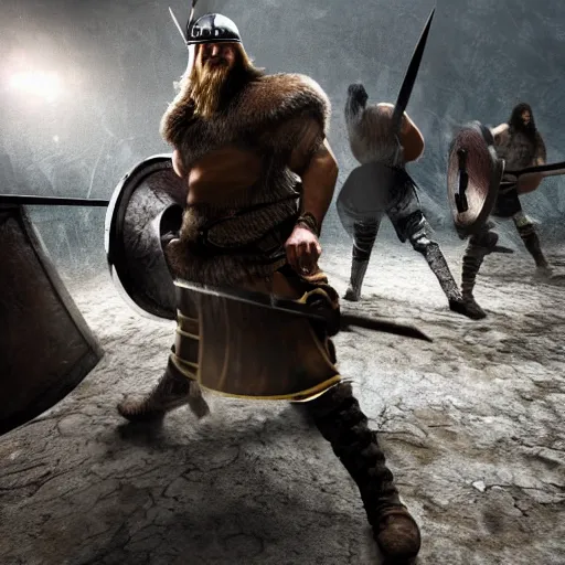 Prompt: Viking warrior versus hackers, detailed, dramatic lighting.