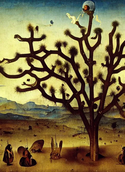 Prompt: Barren Desert by Hieronymus Bosch, Joshua trees, surreal oil painting, highly detailed, dream like, masterpiece
