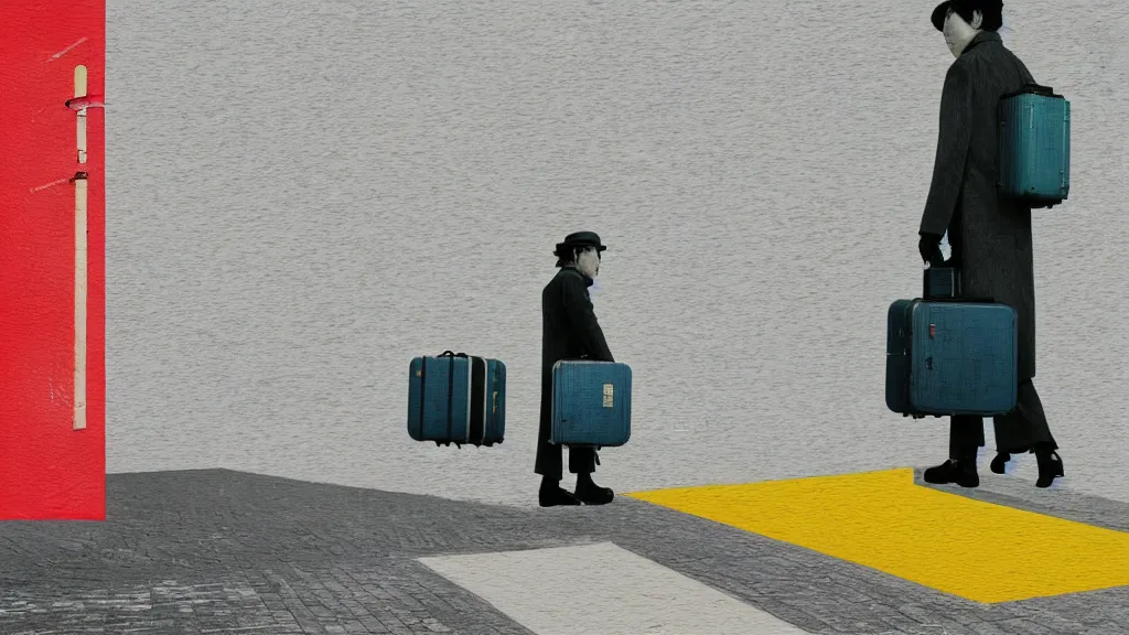 Image similar to an explorer's luggage on the train platform, rural japan, a collage painting, in the style of wes anderson, lola dupre, david hockney, isolated on negative white space background dark monochrome neon spraypaint accents volumetric octane render