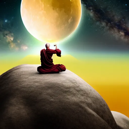 Prompt: high definition render of a monk on top of a mountain, full moon, milky way, galaxy, buddhism, 8 k, symbolic, intricate, detailed, raytracing, cinematic