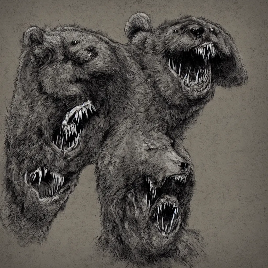 Image similar to horrifying bear creature, fangs, in the style of keith thompson