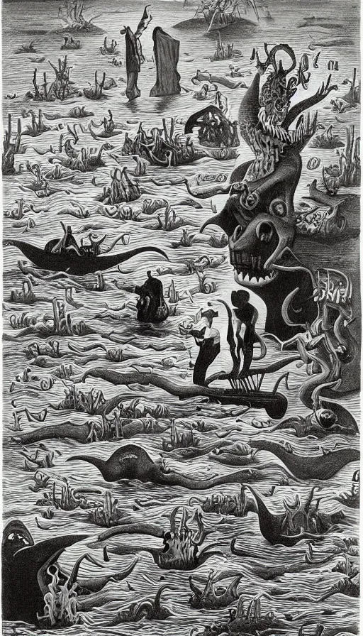 Image similar to man on boat crossing a body of water in hell with creatures in the water, sea of souls, by charles addams