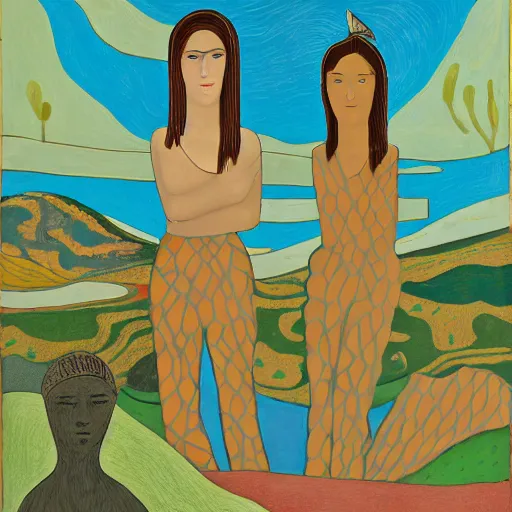 Prompt: The land art is a beautiful work of art. The three graces are depicted as beautiful young women, each with their own unique charms. The land art is full of color and life, and the women seem to radiate happiness and joy. Mesozoic, Ancient Roman by Noelle Stevenson jaunty