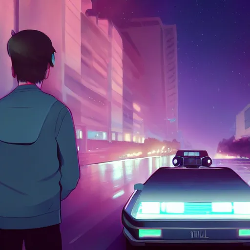 Image similar to marty mcfly entering a delorean, ambient lighting, 4k, anime key visual, lois van baarle, ilya kuvshinov, rossdraws, artstation