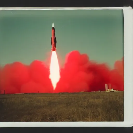 Prompt: aged polaroid photo of a bright red missile launch, wide view, film grain, red color bleed, onlookers watching