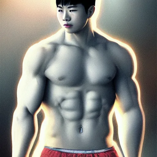 Image similar to a korean bodybuilder college boy, head to toe, bokeh, beautiful face!!!!, 2 3 years old, cg animation, lifelike, animated, realistic, character select portrait, by artgerm, greg rutkowski, alphonse mucha, 3 d