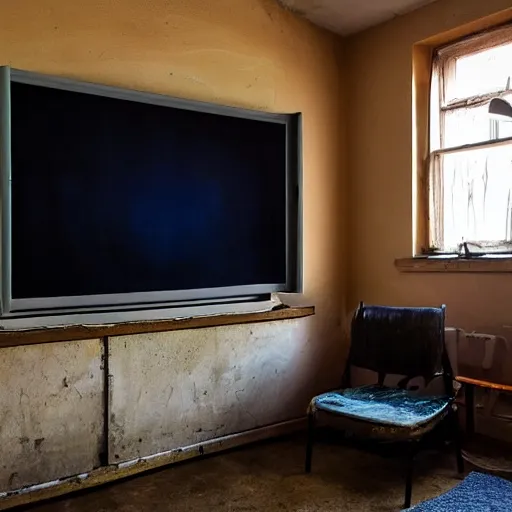 Image similar to a completley dark room with an old tv in the middle giving off a faint glow,