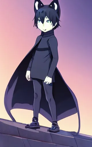 Image similar to little boy with cat ears wearing an black latex suit with cape. digital painting made by makoto shinkai and james jean and kohei horikoshi, inspired western comic, perfect composition, highly sharp details, smooth, anatomically correct