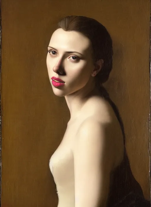 Image similar to portrait of scarlett johansson, oil painting byjohannes vermeer, 1 7 th century, art, oil on canvas, wet - on - wet technique, realistic, expressive emotions, intricate textures, illusionistic detail