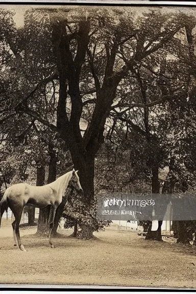 Prompt: an 1800s photo taken from a distance of a horse inside the branches of a tree