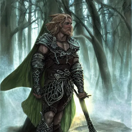Prompt: a young travis fimmel as an elven warrior in chainmail, in the style of brom, keith parkinson, heroic, highly detailed, concept art, high key, ambient lighting, in a forest,