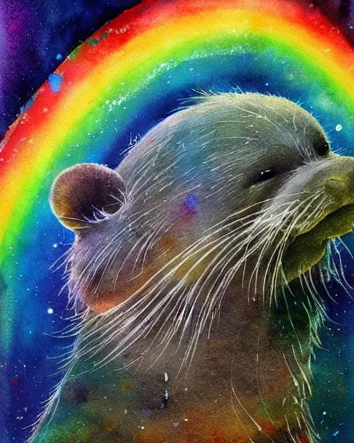 Image similar to detailed magical rainbow otter by jean - baptiste monge and frank frazetta, post processing, painterly, book illustration watercolor granular strong darksplatter dripping paper texture, ink outlines, painterly, trending on artstation, trending on pinterest childrens art