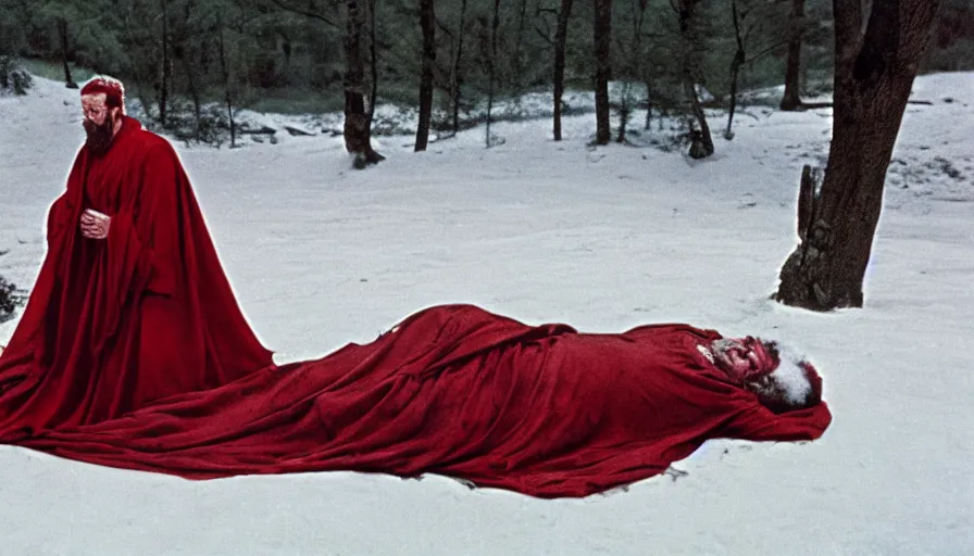 Image similar to 1 9 6 0 s movie still of marcus aurelius frozen to death under the snow by the side of a river in a red toga with a tired marked face, pine forests, cinestill 8 0 0 t 3 5 mm, high quality, heavy grain, high detail, texture, dramatic light, anamorphic, hyperrealistic, detailed hair, foggy