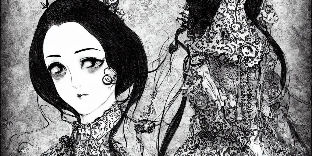 Image similar to Portrait a woman in Victorian clothing, Art by Yana Toboso, manga, black and white, japanese ink, high contrast, digital art