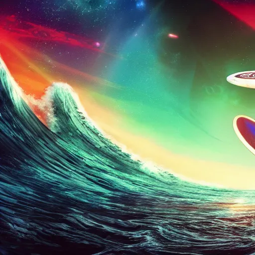 Image similar to photo of a alien surfing a surfboard on a crashing l wave of alien ocean in space, background is an alien galaxy, aliens in the background, alien colors, octane render, unreal engine, wide view, 8 k, high detaild