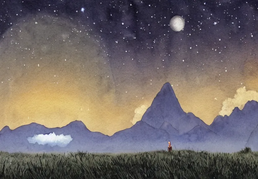 Image similar to a cell - shaded watercolor concept art from a studio ghibli film showing one giant grey ufo. in the background is machu pichu on a misty and starry night. by studio ghibli. very dull muted colors