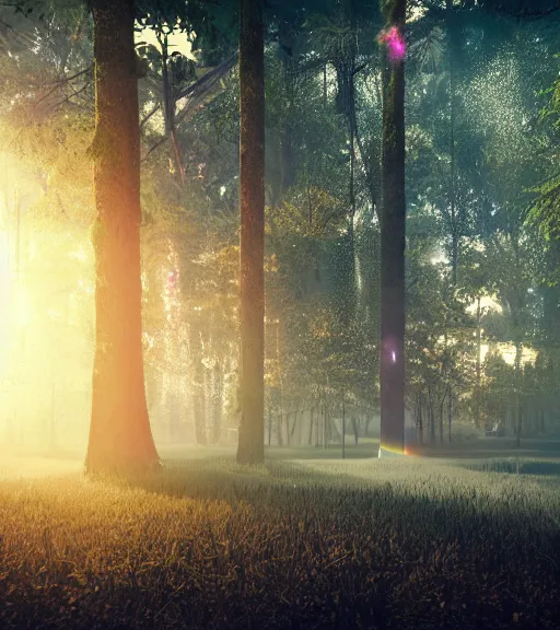 Image similar to daydreaming of the fuidity transparent dance of the blockchain, cyberpunk forest, majestic light, octane render, beauty fog, ethereal glare of the sun, raining rainbow, volumetric lighting, hyperealistic, epic, masterpiece