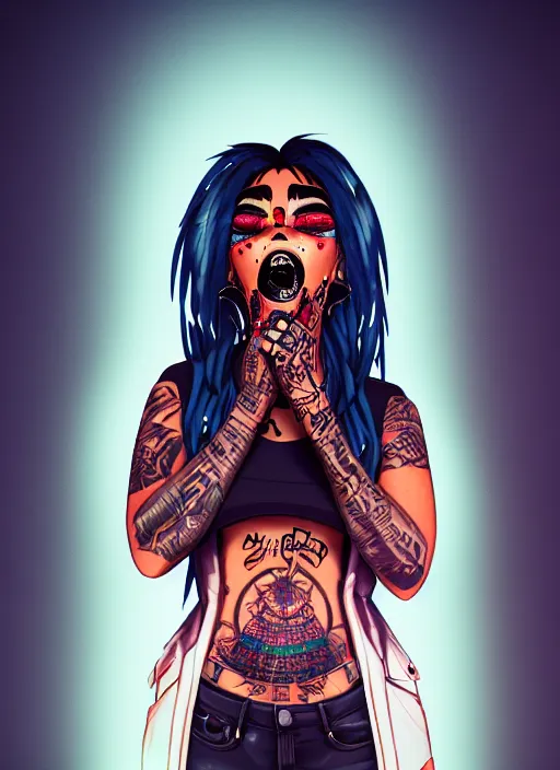 Image similar to a streetwear Studio Trigger style mixed woman wearing thick mascara, crying, a city on fire in the background, police lights shine on her face, tattoos, dark glitter, Cinestill 50d, 4k, 8k, hd, full color, octane render, trending on artstation, highly detailed