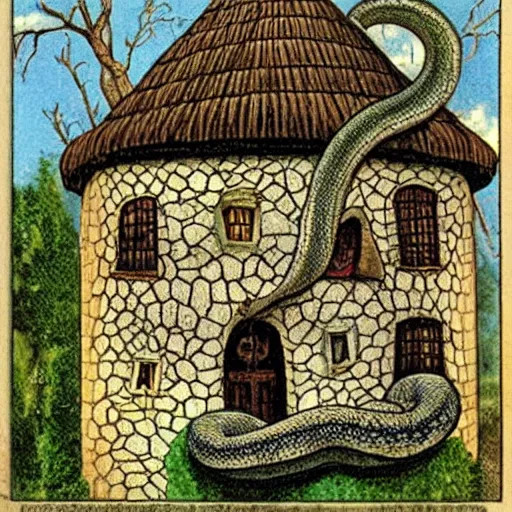 Image similar to a witches house, huge snakes on the roof of the house