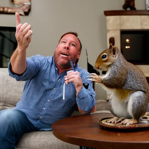 Image similar to alex jones and squirrel squad in living room drinking modelos