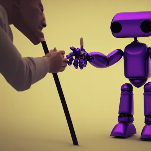 Image similar to a photorealistic 3 d render made in blender of a colourful friendly robot being poked in the eye by a man with a stick. background is a purple gradient