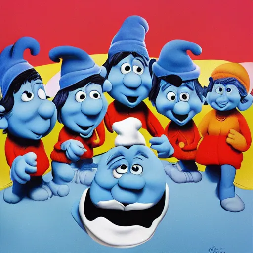 Prompt: the smurfs on the beatles album cover, 8 k resolution hyperdetailed surrealism