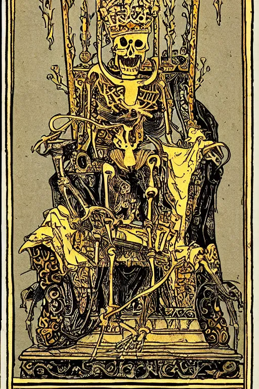Image similar to tarot card of a king’s skeleton sitting on a decaying throne, ornate, gold foil, intricate design, detailed