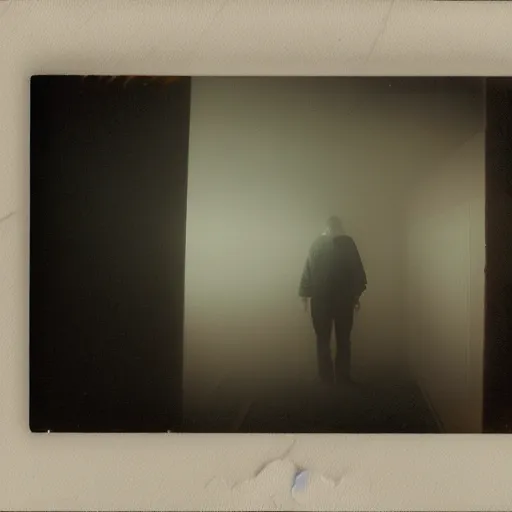 Image similar to you are lost in the backrooms, ghost, polaroid, laminal space, foggy