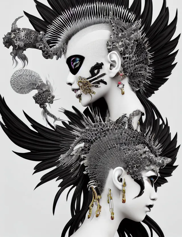 Image similar to 3 d goddess close - up profile simple portrait punk with mohawk with goat skull. beautiful intricately detailed japanese crow kitsune mask and clasical japanese kimono. betta fish, jellyfish phoenix, bio luminescent, plasma, ice, water, wind, creature, artwork by tooth wu and wlop and beeple and greg rutkowski