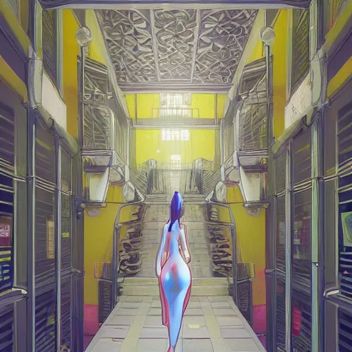 Image similar to an acidic beautiful slimegirl woman in a bright white hallway with many doors and many stairs, Mc Escher architecture, epic composition, by Makoto Shinkai