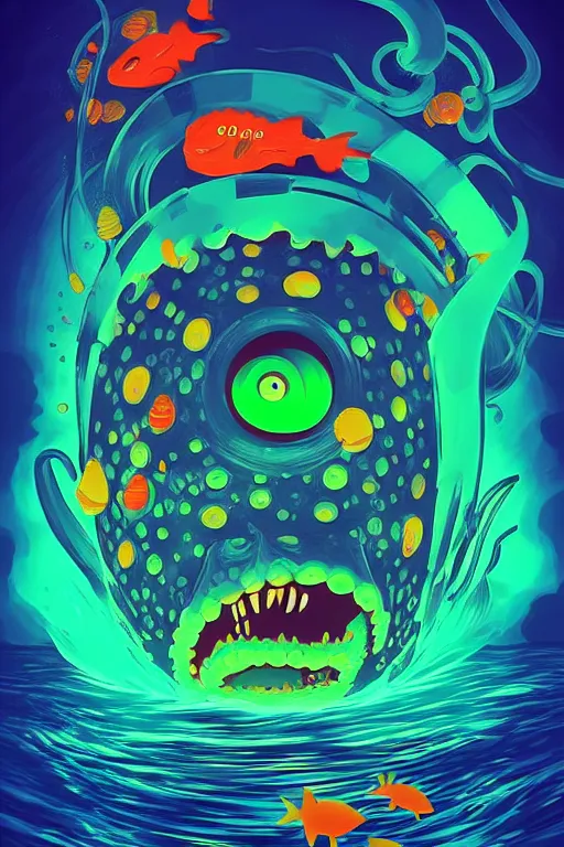 Prompt: life deep inside the sea with all monster on it. pop art, no duplicate image, glowing lights, ultra details, digital painting, artstation, concept art, smooth, sharp focus, illustration, intecrate details, art by richard hamilton and mimmo rottela, pixels art by kirokaze and paul robertson