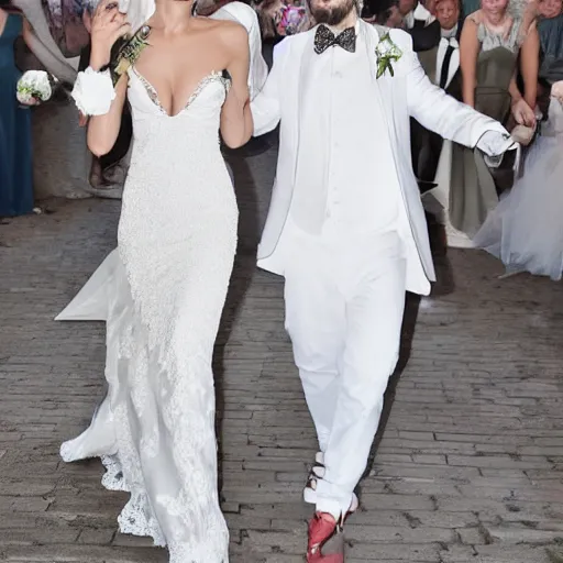 Prompt: wedding photo of jared leto dressed in a white tuxedo marrying a female version of himself dressed in a white wedding dress