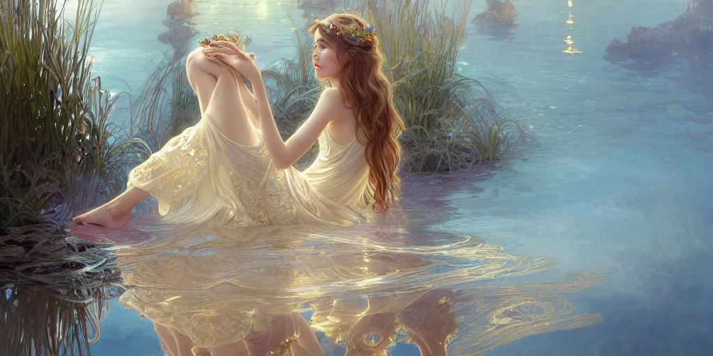 Prompt: highly detailed portrait of a barefoot white skirt girl stand on the water, water surface reflection, the calm sea level, ultra wide angle, gold filigree, romantic storybook fantasy, soft cinematic lighting, award, disney concept art watercolor illustration by mandy jurgens and alphonse mucha and alena aenami, pastel color palette, featured on artstation