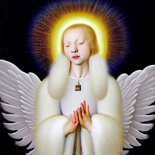 Image similar to highdetailed hyperrealistic painting of white angel!!! no gender!!!, giant ball of miracle light from the chest!!!!!, white sparkles everywhere, 4 k hd fur face!!!, big wings, by jan van eyck, holography space, glow effect, large strokes, white monochrome color!!!!!