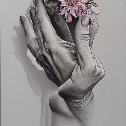 Image similar to a man's hand holding a flower, surreal, art by peter lloyd, 1 9 8 0's art, airbrush style, art by hajime sorayama,, intricate, elegant, sharp focus, illustration, highly detailed, h 8 0 0