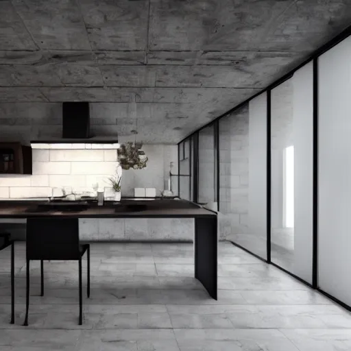 Image similar to brutalist house kitchen interior design ominous dark powerful giant open space high quality furniture octane render