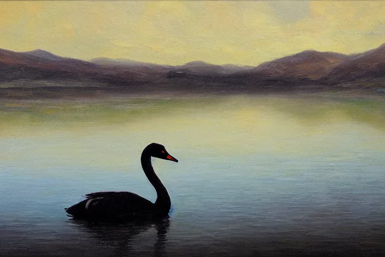 Prompt: oil painting, long view, black swan in the middle of the lake, neodada