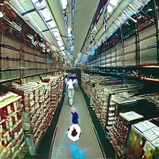 Image similar to grainy security cam footage still movie Willy Wonka and his Chocolate Factory, extreme wide angle