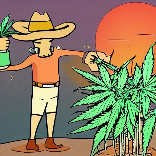 Image similar to an awkward and silly illustration of a cowboy admiring his cannabis plants while a rocket launches in the background